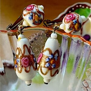 Murano Venetian glass Wedding Cake earrings white floral rose gold lamp work